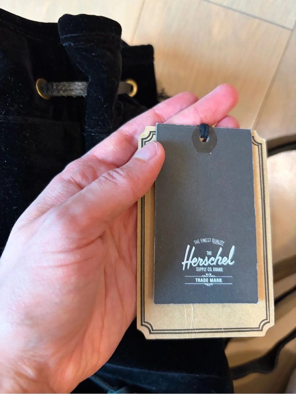 Herschel Black Velvet Drawstring Backpack